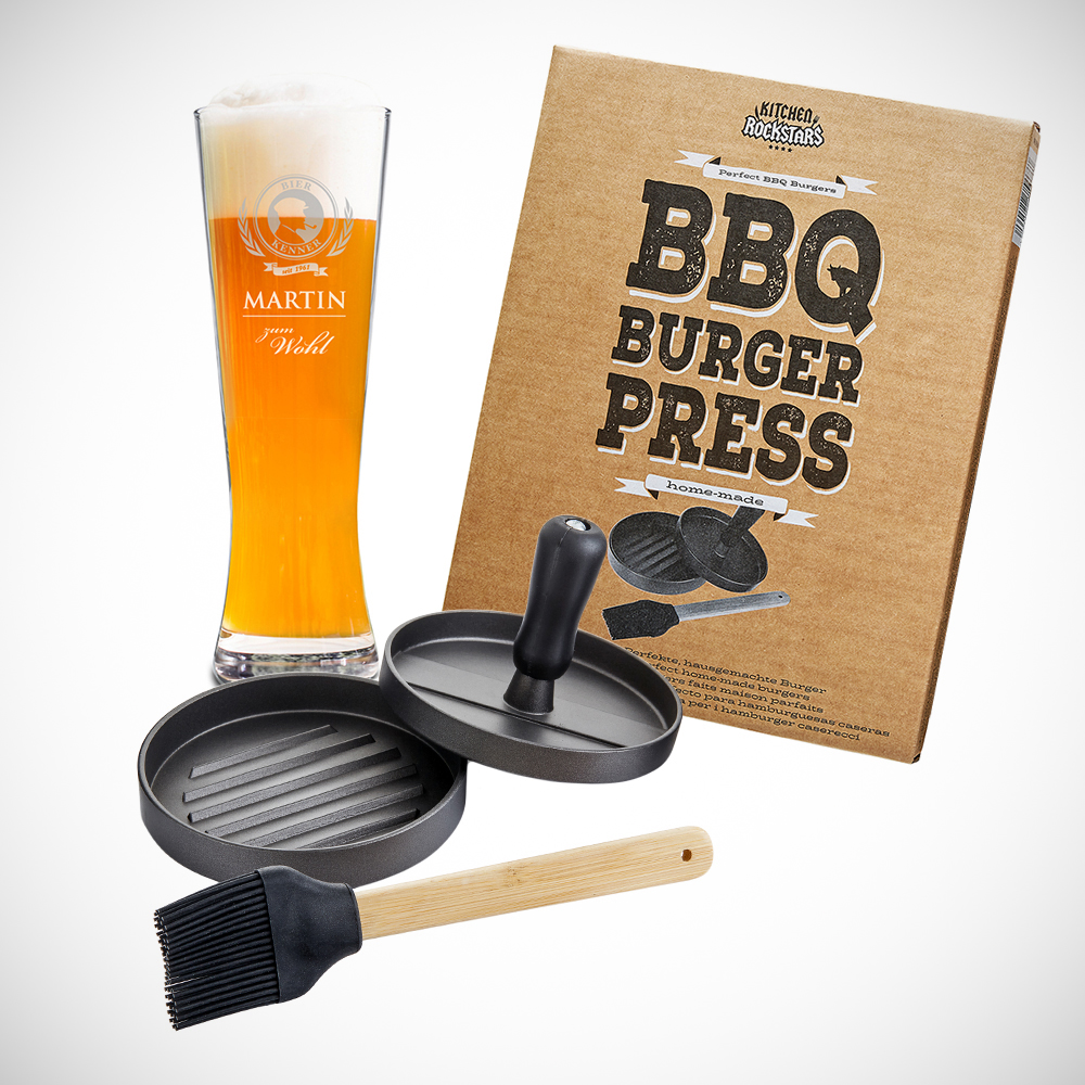 Grillset - Hamburgerpresse und Weizenglas mit Gravur - Personalisiert