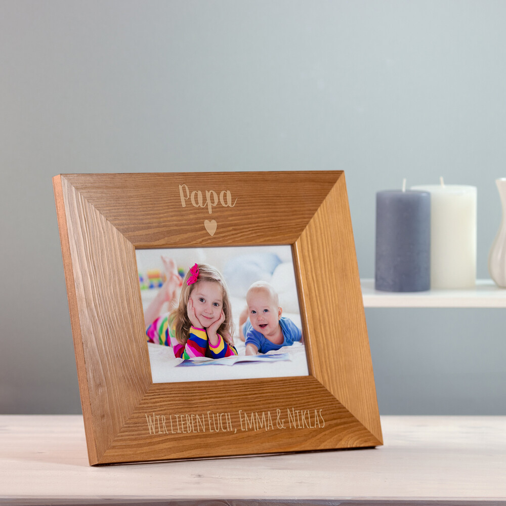 Bilderrahmen aus Holz mit Gravur für Papa - Herz - Personalisiert