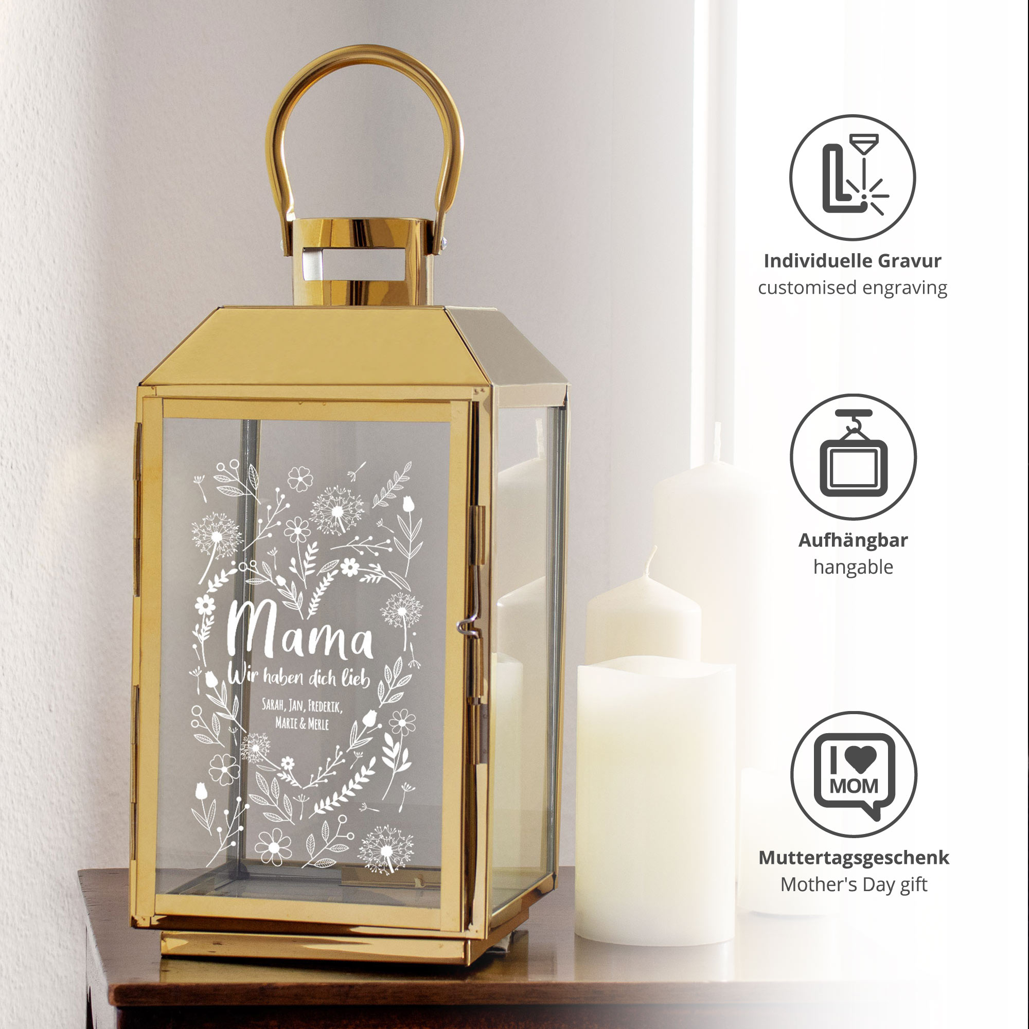 Laterne - Gold - Blumenherz - Mama - Personalisiert