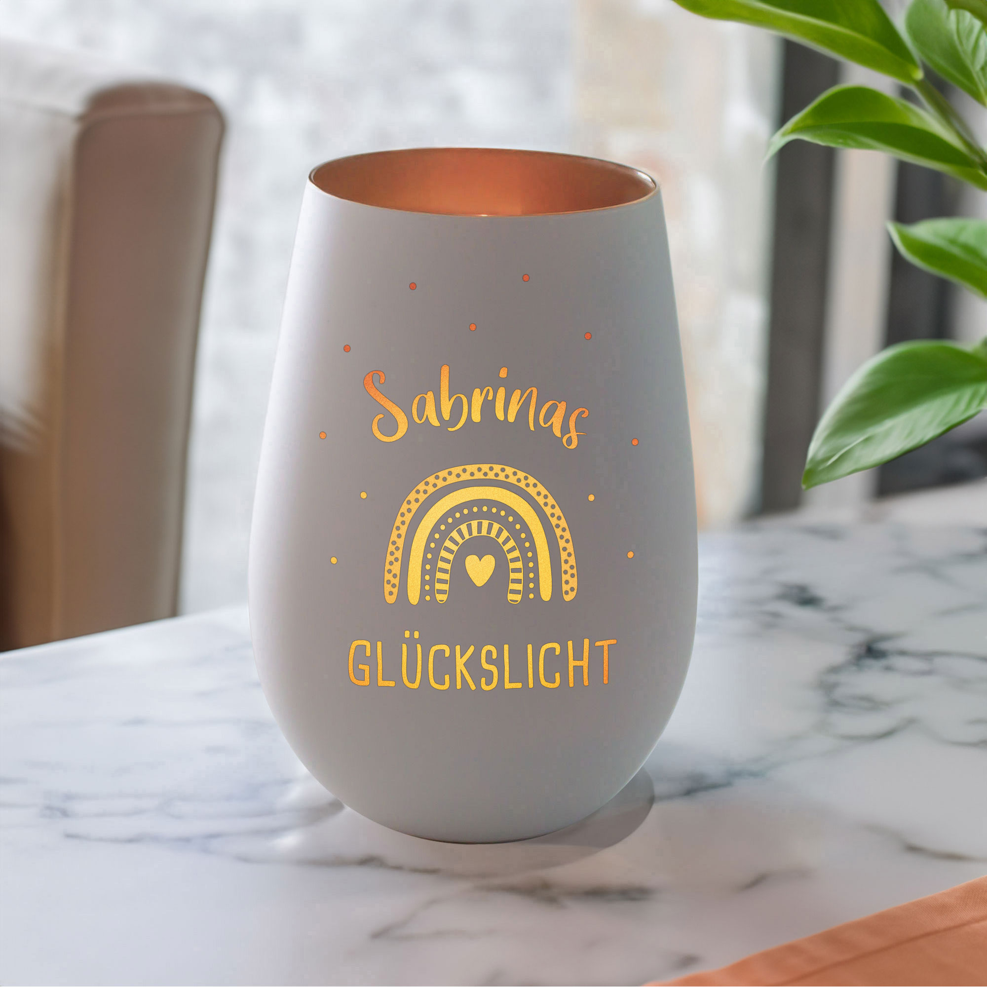 Windlicht mit Gravur Glückslicht - Weiß Bronze