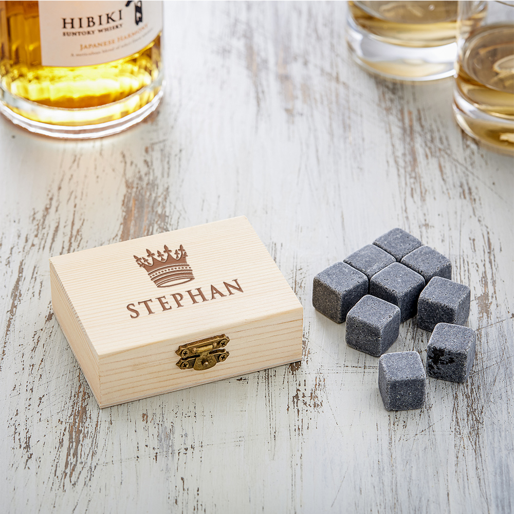 Whiskysteine in edler Holzbox mit Gravur - Große Krone Whiskysteine in edler Holzbox mit Gravur - Große Krone