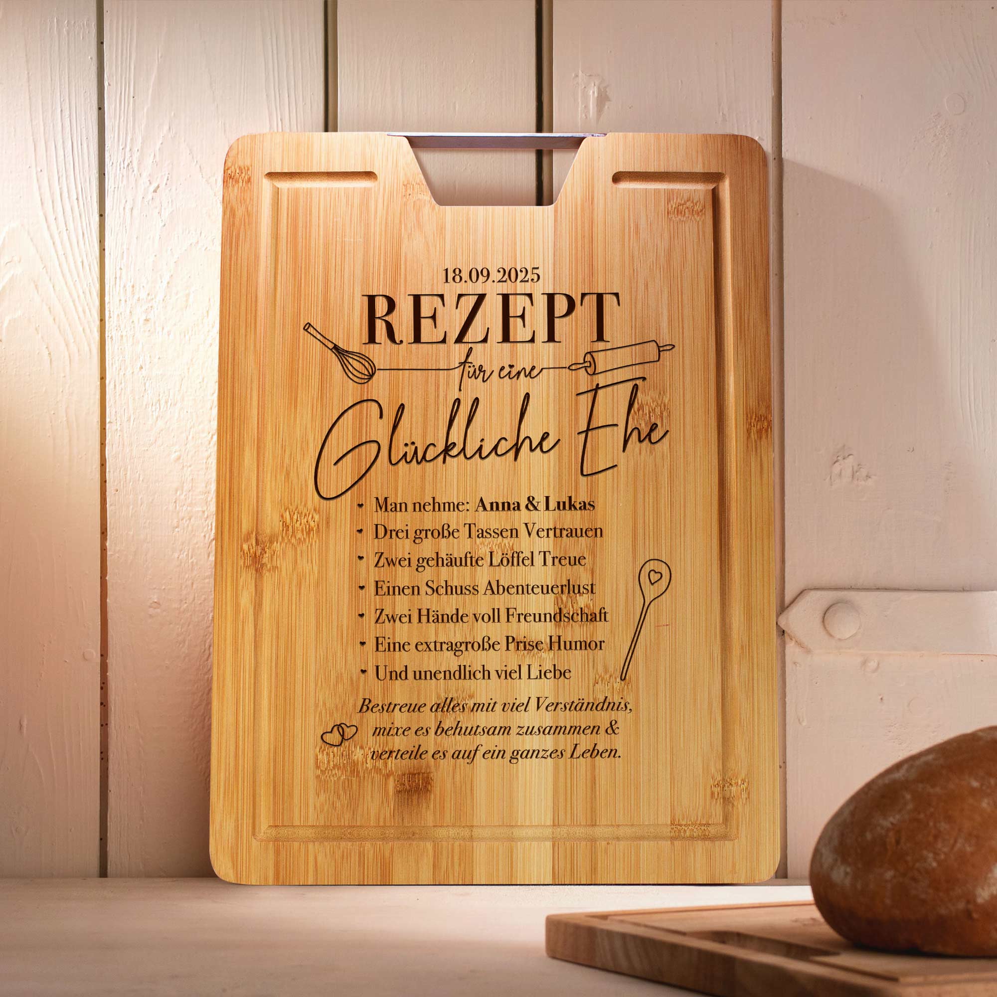 Bambusholz Grillbrett mit Metallgriff - Rezept glückliche Ehe