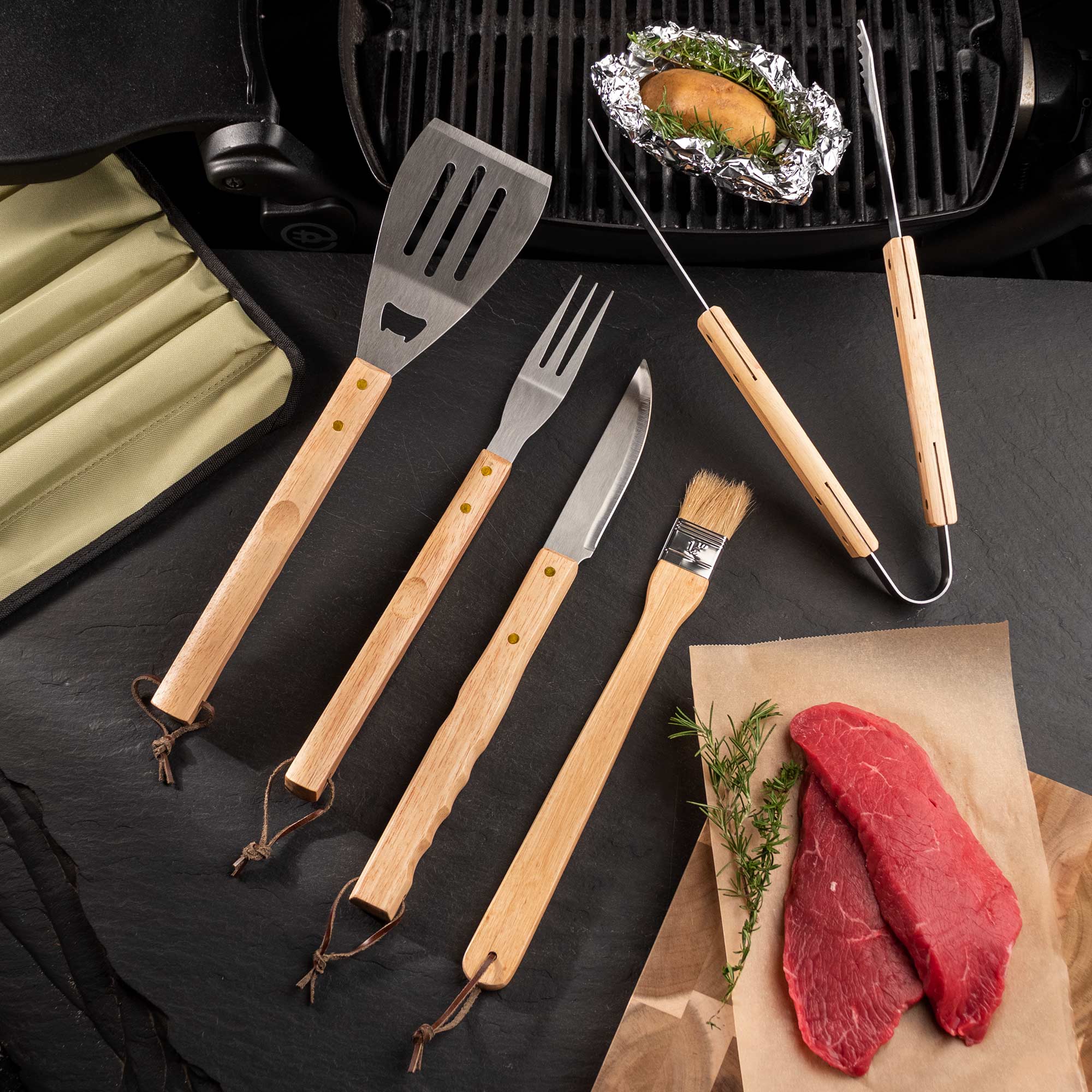 5-teiliges Grillbesteck Set mit Tasche