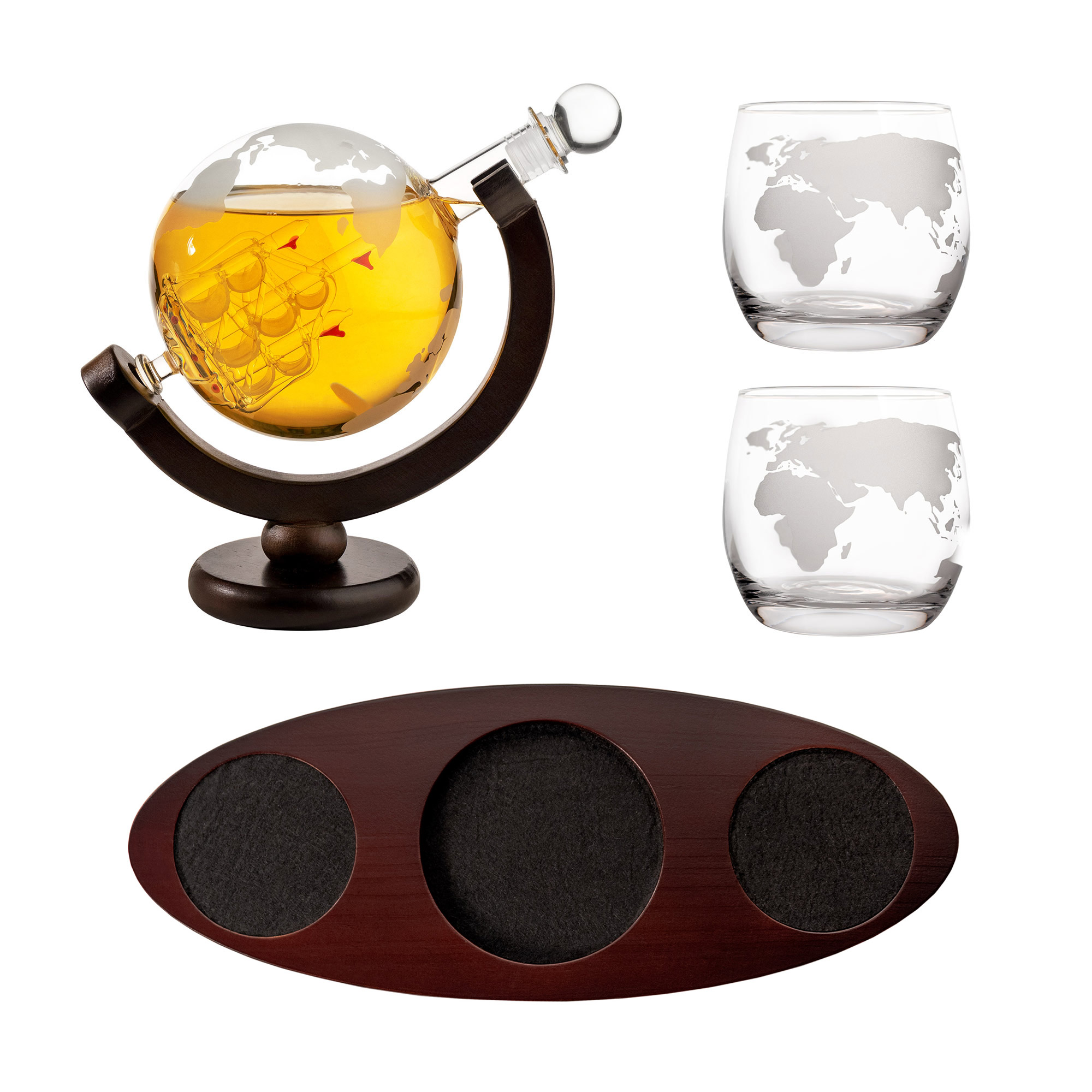 Whisky Set - Design Karaffe Globus mit 2 Gläsern und Tablett