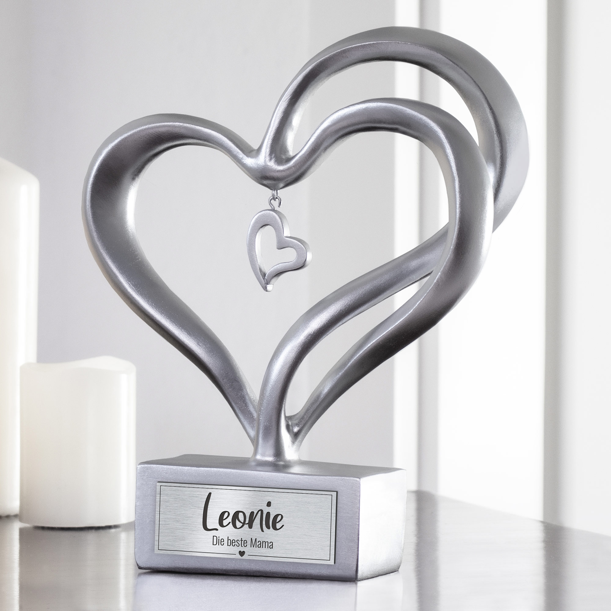 Personalisierte Silber Herz Skulptur für die Beste Mama