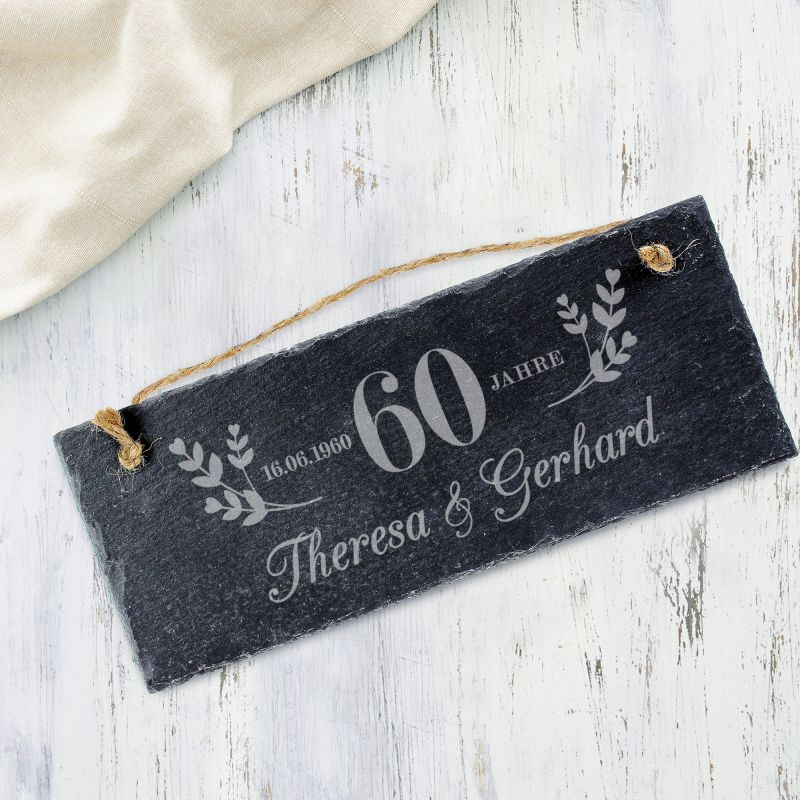 Schieferherz zur Diamantenen Hochzeit mit Gravur Personalisiert