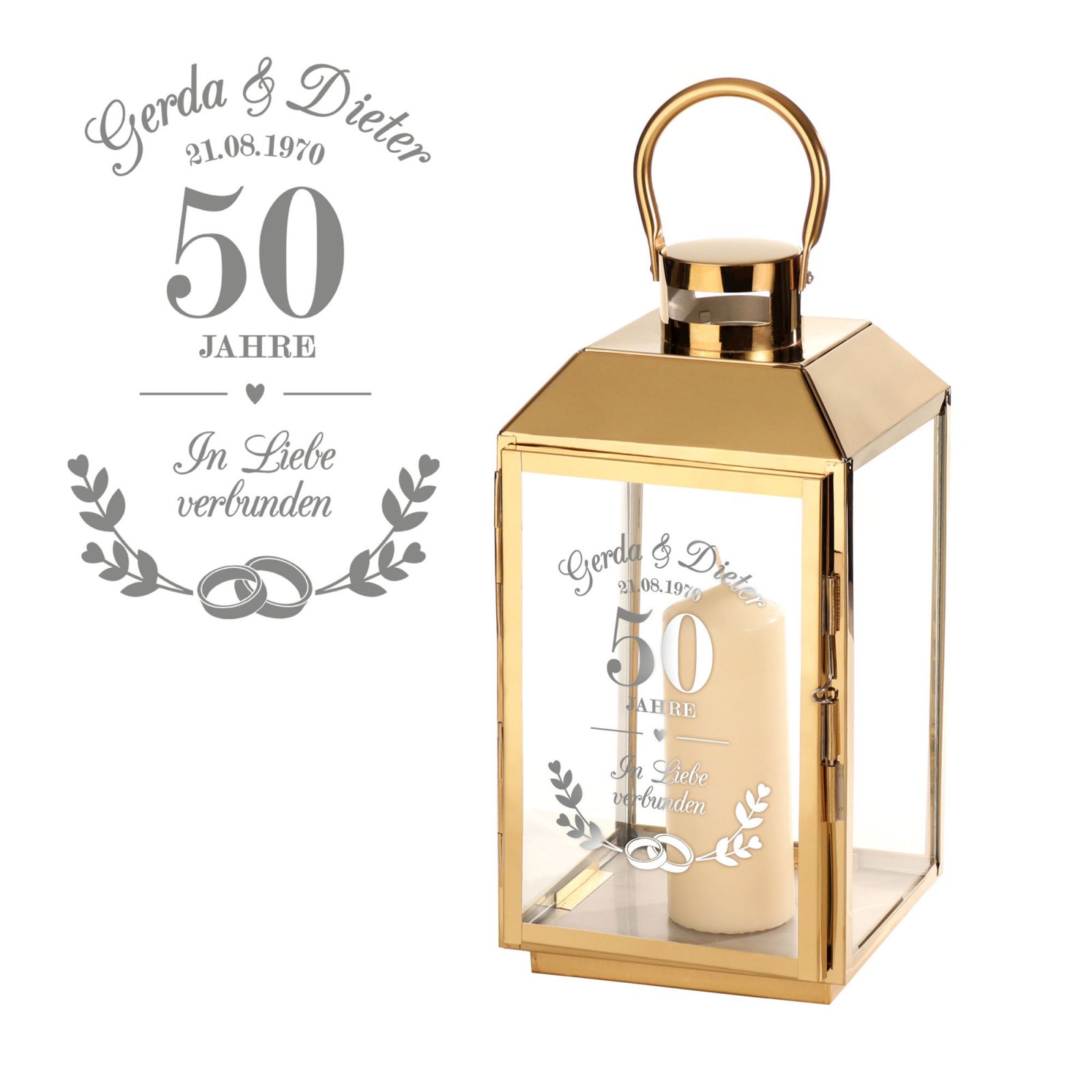 Goldene Laterne aus Edelstahl zur Goldenen Hochzeit Personalisiert